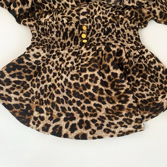 Leopard Print Top Womens Medium Wide Elastic Waist‎ Goldtone Buttons Mob Wife - Picture 8 of 11